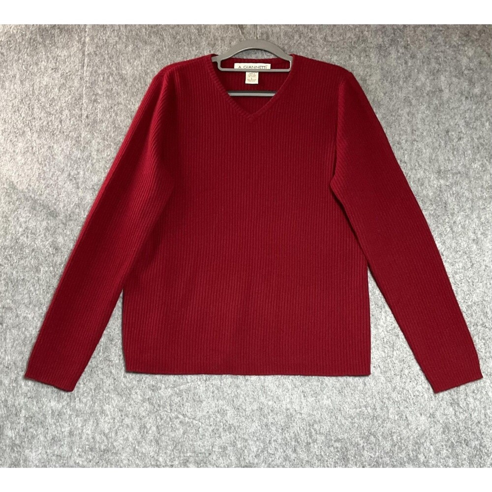 A. Giannetti Sweater Womens Large Red V-Neck 100% Cashmere Pullover Tight-Knit